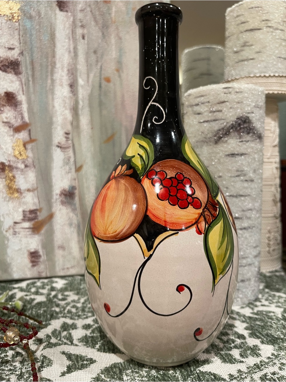 Bristow Malta Hand Painted Art Pottery Bottle Vase | Tuscan Pomegranate Decor